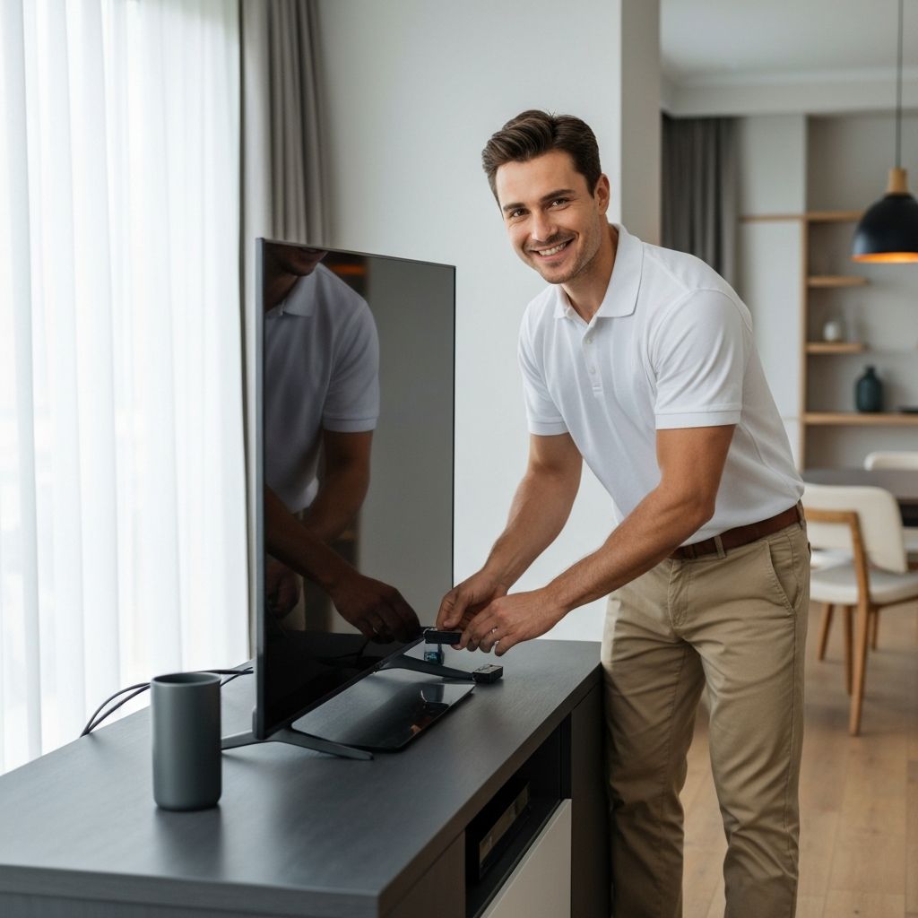 Professional technician helping with TV setup